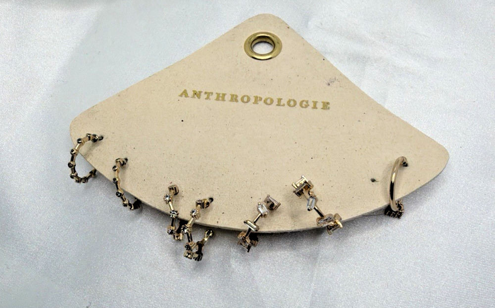 Anthropologie Mini Hoop Earrings Gold Tone Rhinestone Huggies Set 3 Pairs